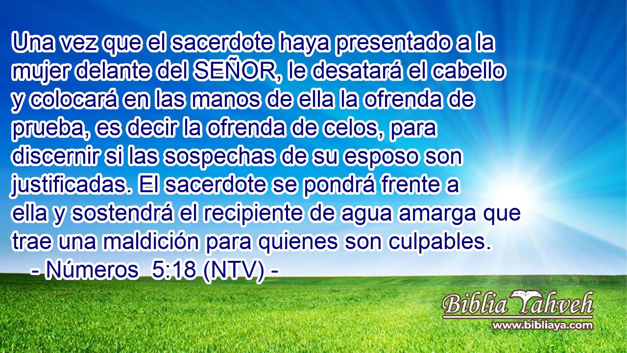 Una vez que el sacerdote haya presentado a la mujer delante del SEÑOR, le desatará el cabello y colocará en las manos de ella la ofrenda de prueba, es decir la ofrenda de celos, para discernir si las sospechas de su esposo son justificadas. El sacerdote se pondrá frente a ella y sostendrá el recipiente de agua amarga que trae una maldición para quienes son culpables.