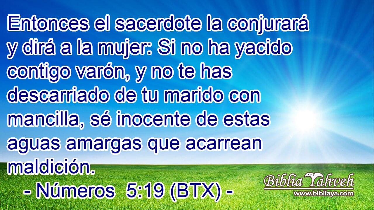 Entonces el sacerdote la conjurará y dirá a la mujer: Si no ha yacido contigo varón, y no te has descarriado de tu marido con mancilla, sé inocente de estas aguas amargas que acarrean maldición.