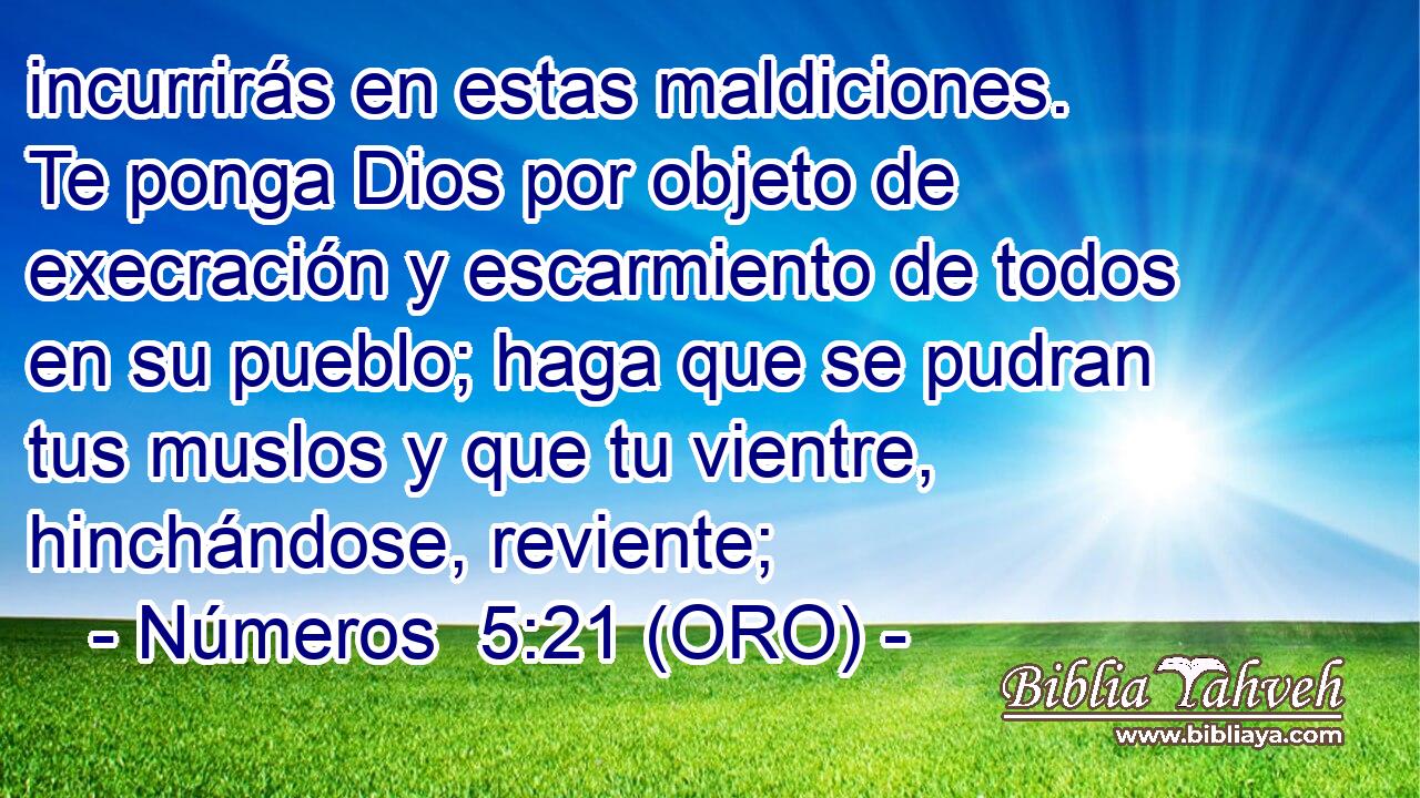  incurrirás en estas maldiciones. Te ponga Dios por objeto de execración y escarmiento de todos en su pueblo; haga que se pudran tus muslos y que tu vientre, hinchándose, reviente; 