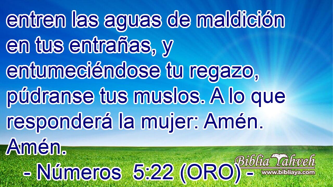  entren las aguas de maldición en tus entrañas, y entumeciéndose tu regazo, púdranse tus muslos. A lo que responderá la mujer: Amén. Amén. 