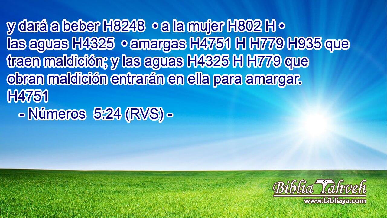 y dará a beber H8248  • a la mujer H802 H • las aguas H4325  • amargas H4751 H H779 H935 que traen maldición; y las aguas H4325 H H779 que obran maldición entrarán en ella para amargar. H4751  