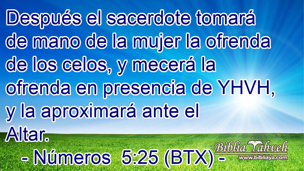 Después el sacerdote tomará de mano de la mujer la ofrenda de los celos, y mecerá la ofrenda en presencia de YHVH, y la aproximará ante el Altar.