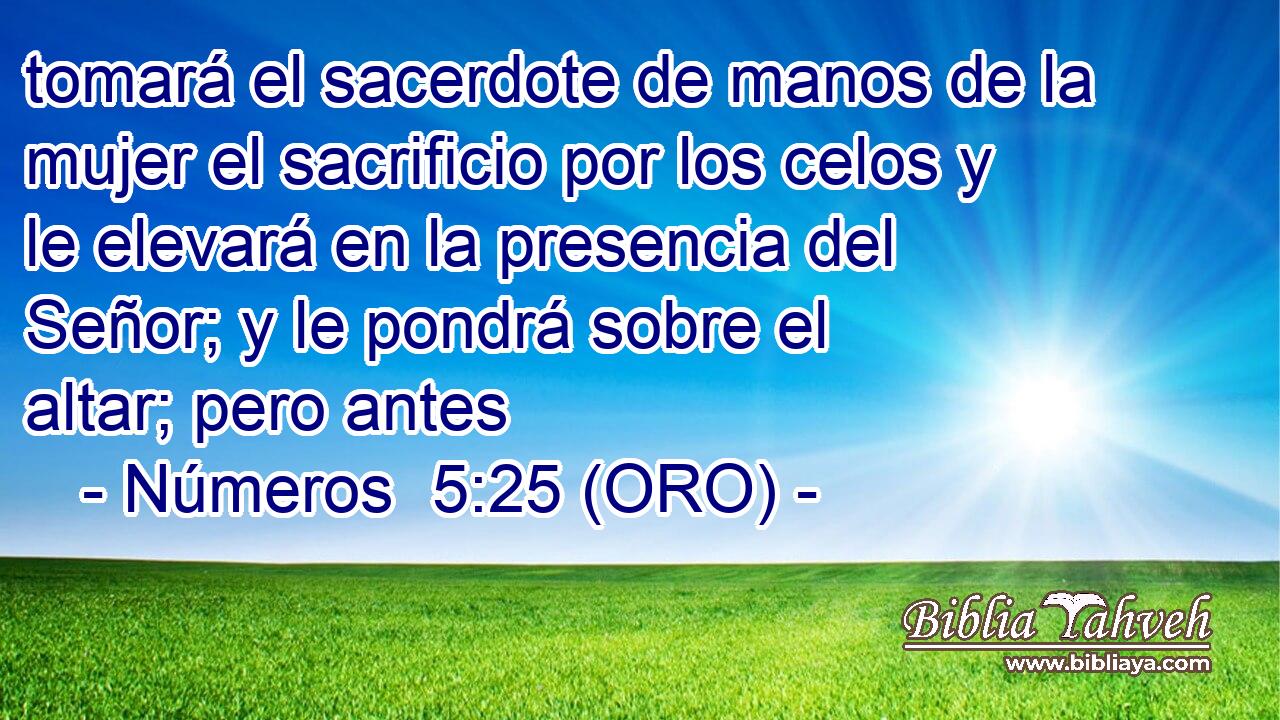  tomará el sacerdote de manos de la mujer el sacrificio por los celos y le elevará en la presencia del Señor; y le pondrá sobre el altar; pero antes 
