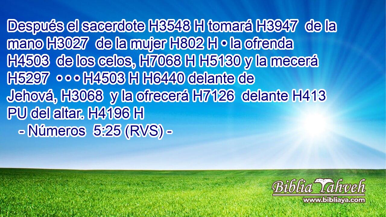Después el sacerdote H3548 H tomará H3947  de la mano H3027  de la mujer H802 H • la ofrenda H4503  de los celos, H7068 H H5130 y la mecerá H5297  • • • H4503 H H6440 delante de Jehová, H3068  y la ofrecerá H7126  delante H413 PU del altar. H4196 H 