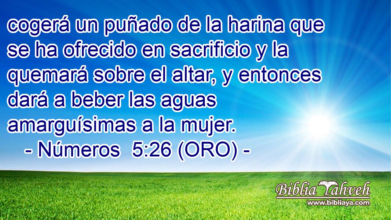  cogerá un puñado de la harina que se ha ofrecido en sacrificio y la quemará sobre el altar, y entonces dará a beber las aguas amarguísimas a la mujer. 