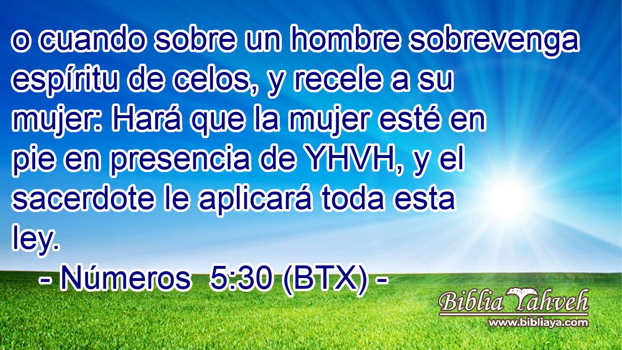o cuando sobre un hombre sobrevenga espíritu de celos, y recele a su mujer: Hará que la mujer esté en pie en presencia de YHVH, y el sacerdote le aplicará toda esta ley.