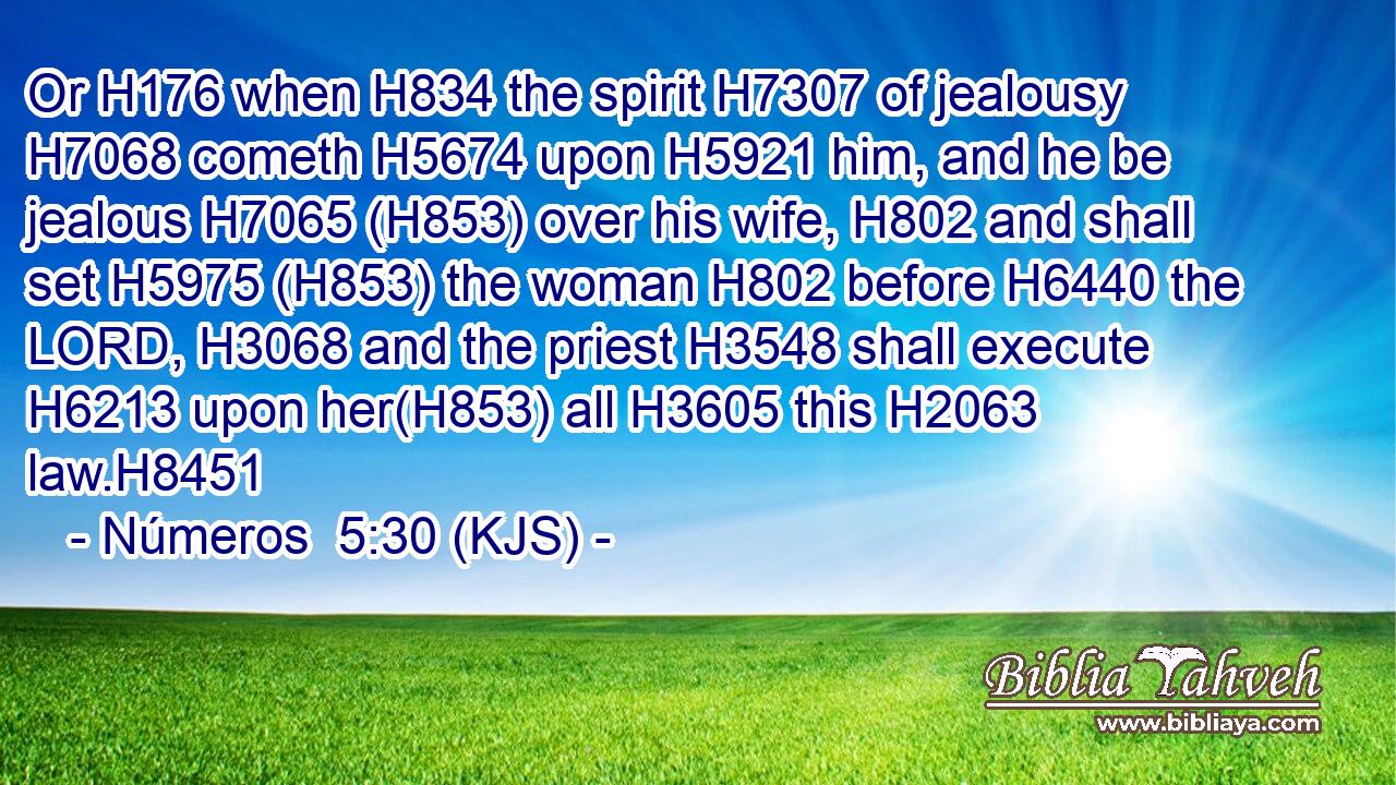 Or H176 when H834 the spirit H7307 of jealousy H7068 cometh H5674 upon H5921 him, and he be jealous H7065 (H853) over his wife, H802 and shall set H5975 (H853) the woman H802 before H6440 the LORD, H3068 and the priest H3548 shall execute H6213 upon her(H853) all H3605 this H2063 law.H8451