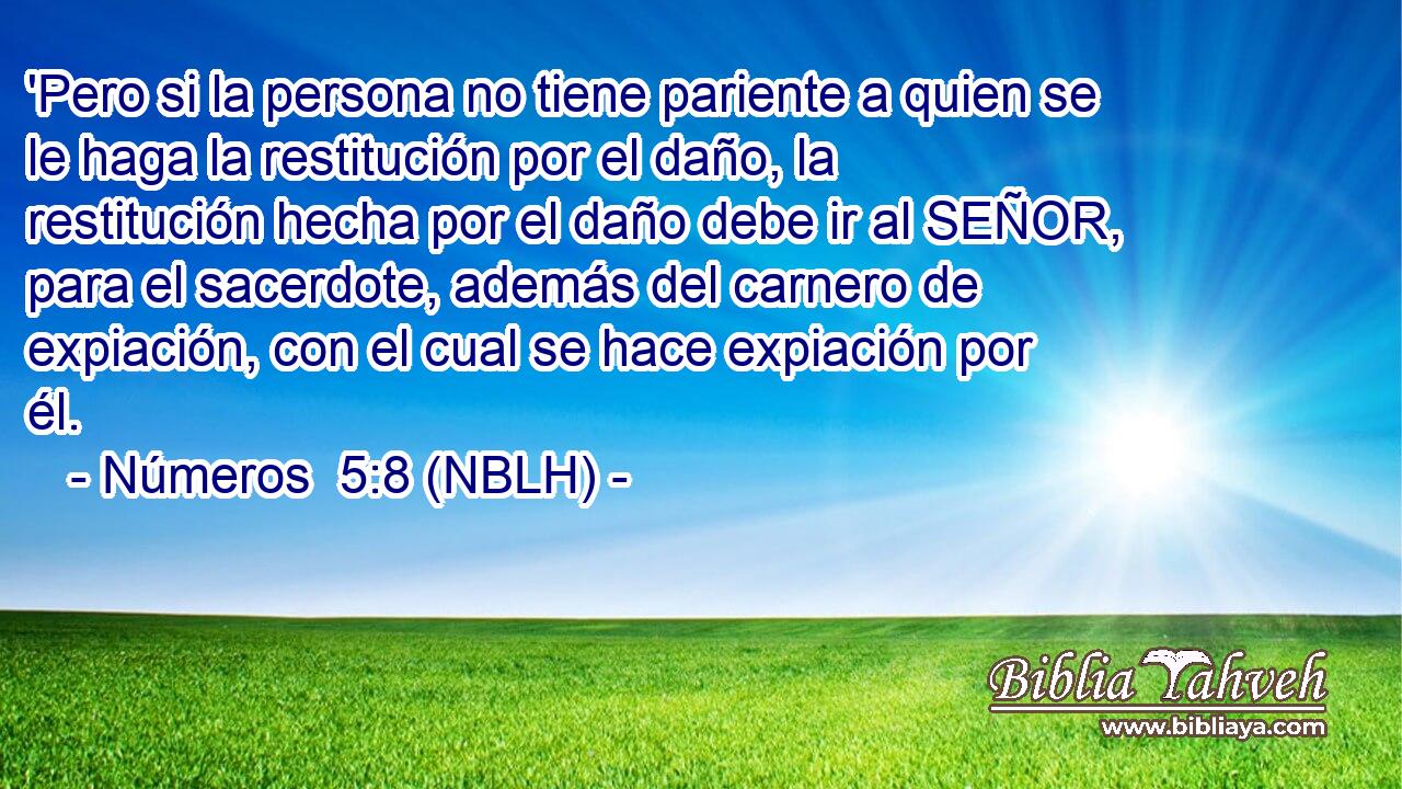  'Pero si la persona no tiene pariente a quien se le haga la restitución por el daño, la restitución hecha por el daño debe ir al SEÑOR, para el sacerdote, además del carnero de expiación, con el cual se hace expiación por él. 