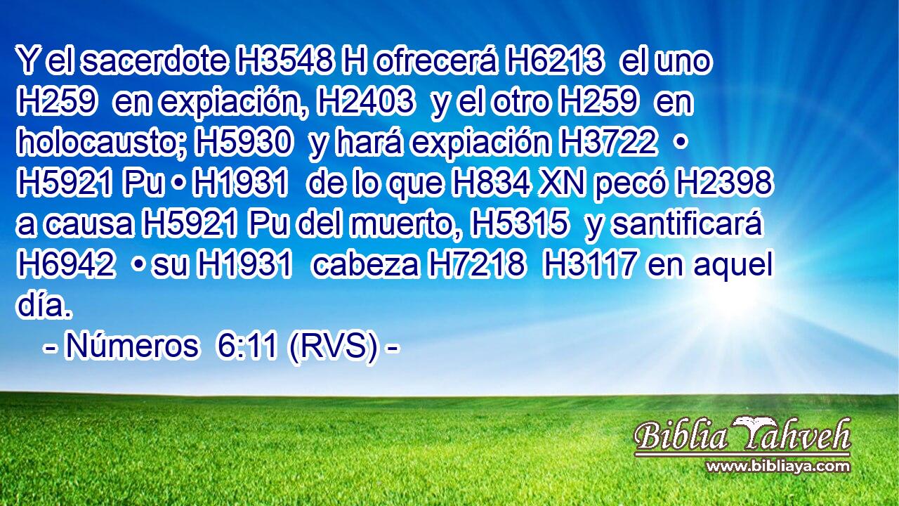 Y el sacerdote H3548 H ofrecerá H6213  el uno H259  en expiación, H2403  y el otro H259  en holocausto; H5930  y hará expiación H3722  • H5921 Pu • H1931  de lo que H834 XN pecó H2398  a causa H5921 Pu del muerto, H5315  y santificará H6942  • su H1931  cabeza H7218  H3117 en aquel día. 