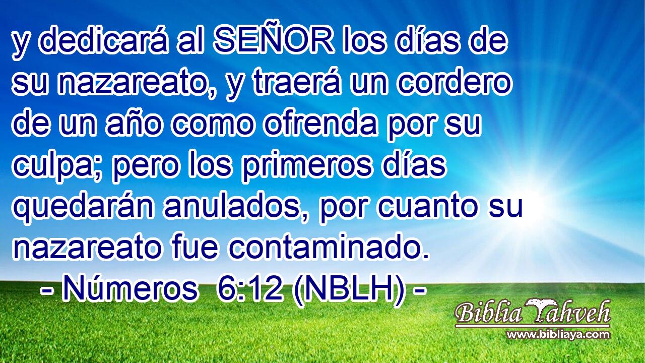  y dedicará al SEÑOR los días de su nazareato, y traerá un cordero de un año como ofrenda por su culpa; pero los primeros días quedarán anulados, por cuanto su nazareato fue contaminado. 