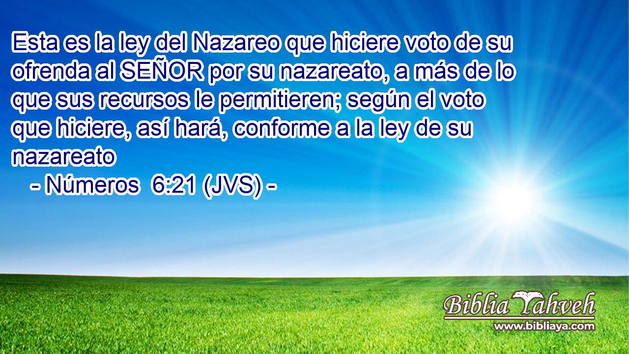 Esta es la ley del Nazareo que hiciere voto de su ofrenda al SEÑOR por su nazareato, a más de lo que sus recursos le permitieren; según el voto que hiciere, así hará, conforme a la ley de su nazareato