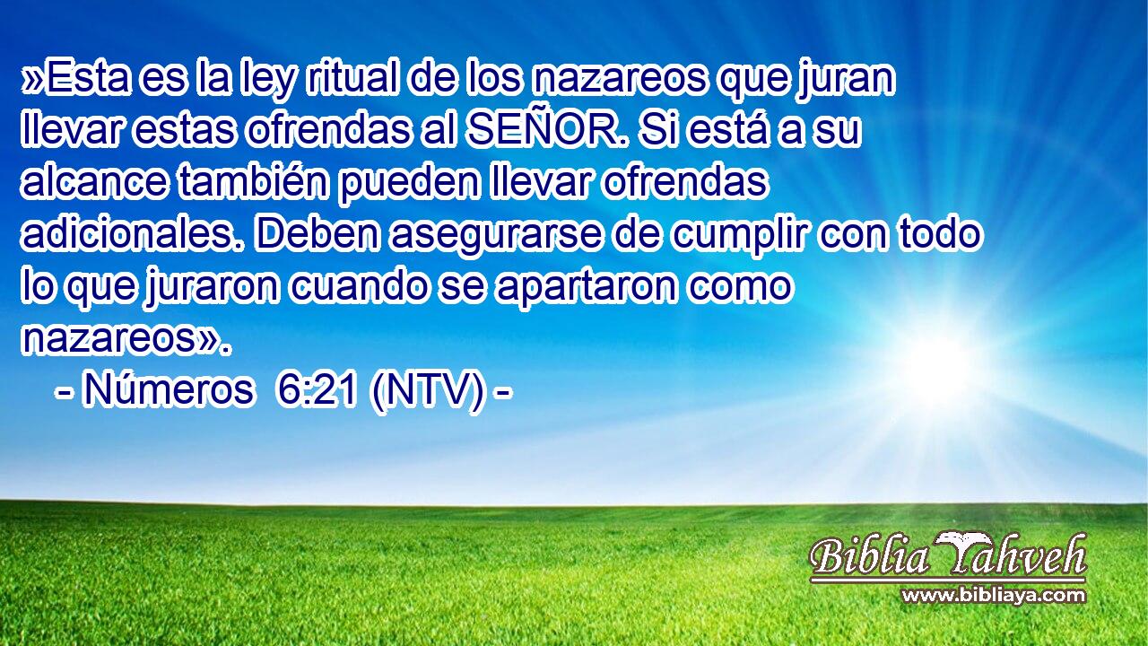 »Esta es la ley ritual de los nazareos que juran llevar estas ofrendas al SEÑOR. Si está a su alcance también pueden llevar ofrendas adicionales. Deben asegurarse de cumplir con todo lo que juraron cuando se apartaron como nazareos».
