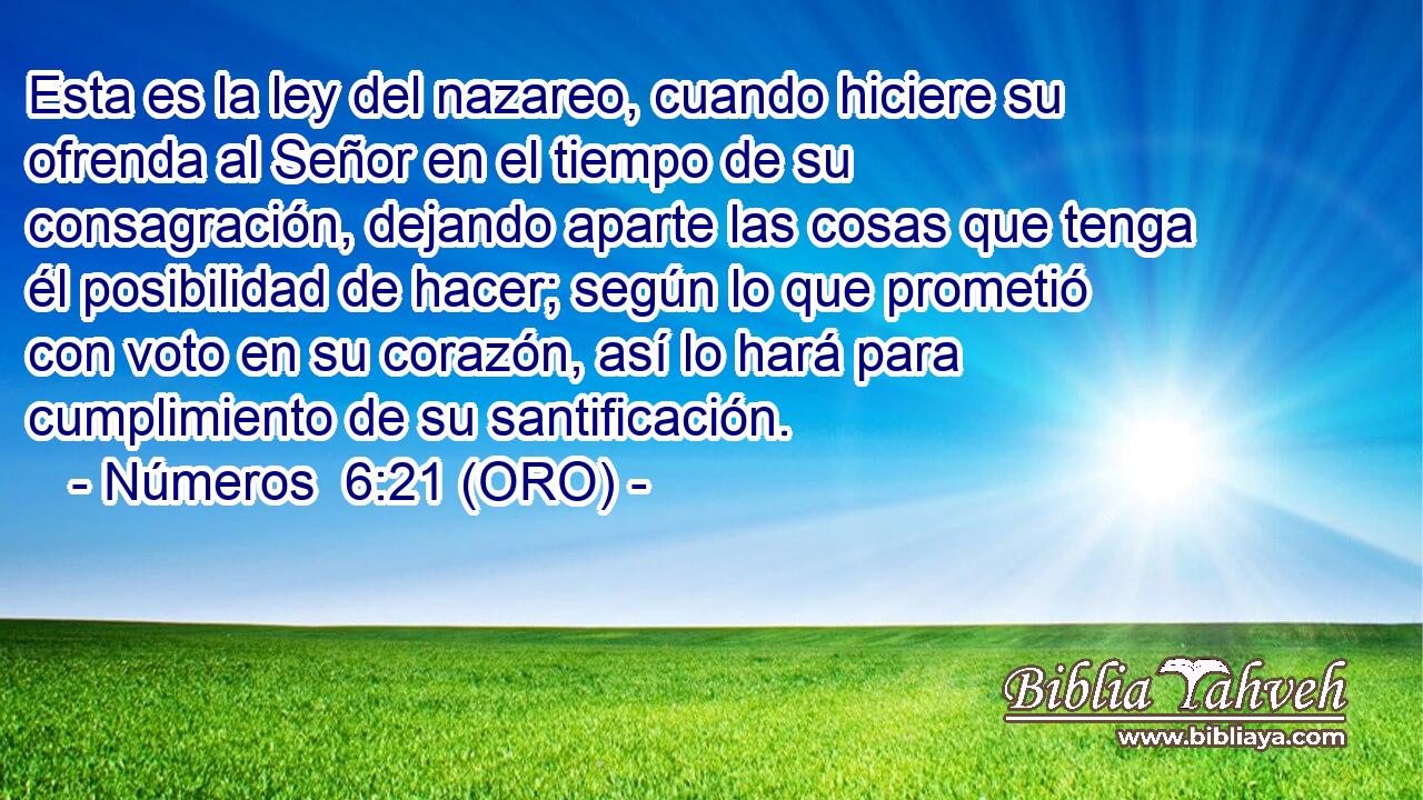  Esta es la ley del nazareo, cuando hiciere su ofrenda al Señor en el tiempo de su consagración, dejando aparte las cosas que tenga él posibilidad de hacer; según lo que prometió con voto en su corazón, así lo hará para cumplimiento de su santificación. 