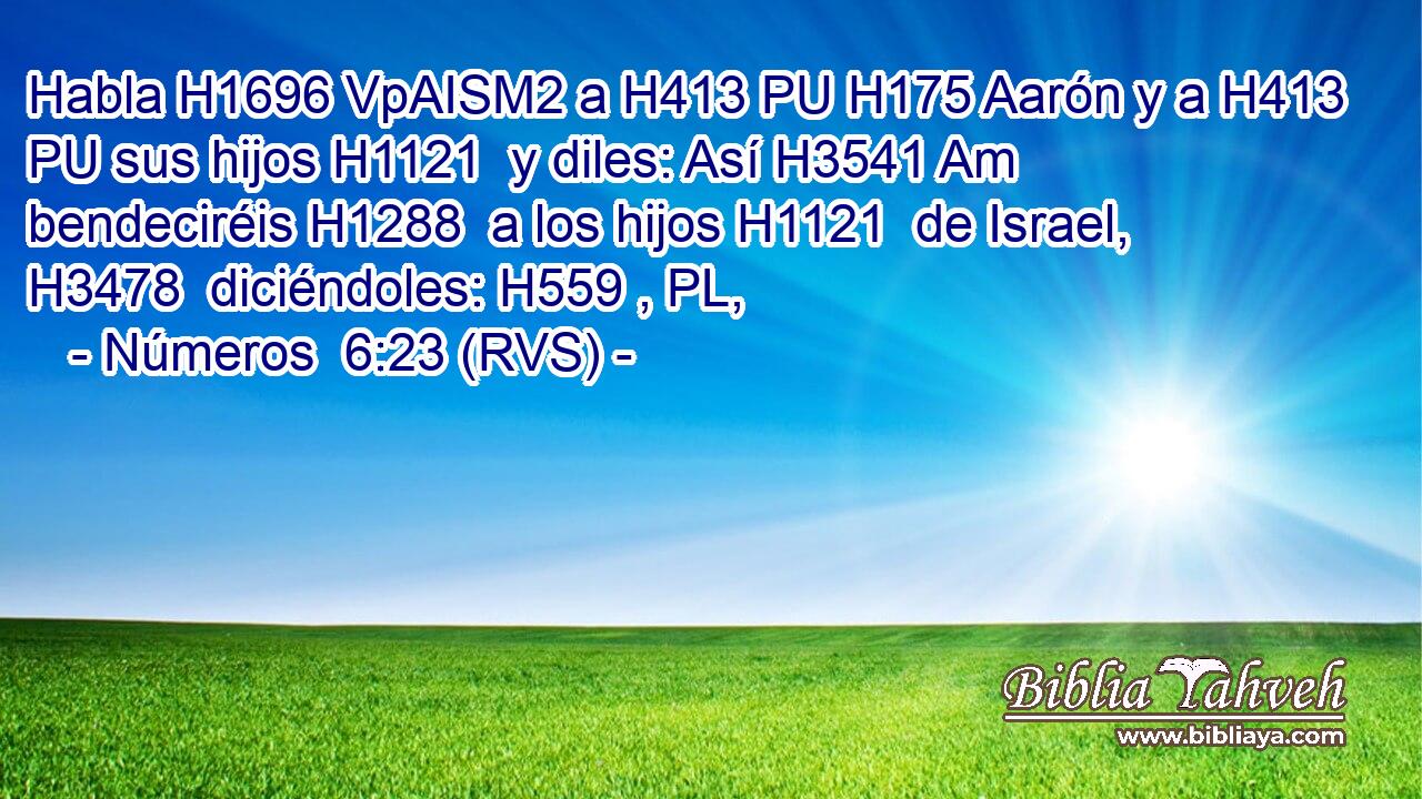 Habla H1696 VpAISM2 a H413 PU H175 Aarón y a H413 PU sus hijos H1121  y diles: Así H3541 Am bendeciréis H1288  a los hijos H1121  de Israel, H3478  diciéndoles: H559 , PL,  