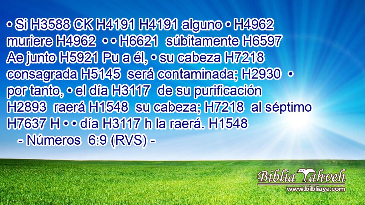 • Si H3588 CK H4191 H4191 alguno • H4962  muriere H4962  • • H6621  súbitamente H6597 Ae junto H5921 Pu a él, • su cabeza H7218  consagrada H5145  será contaminada; H2930  • por tanto, • el día H3117  de su purificación H2893  raerá H1548  su cabeza; H7218  al séptimo H7637 H • • día H3117 h la raerá. H1548  