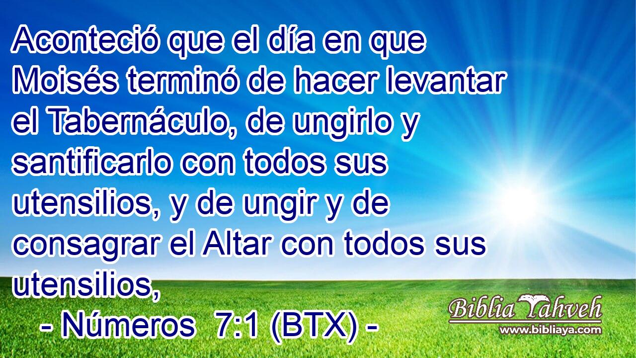 Aconteció que el día en que Moisés terminó de hacer levantar el Tabernáculo, de ungirlo y santificarlo con todos sus utensilios, y de ungir y de consagrar el Altar con todos sus utensilios,