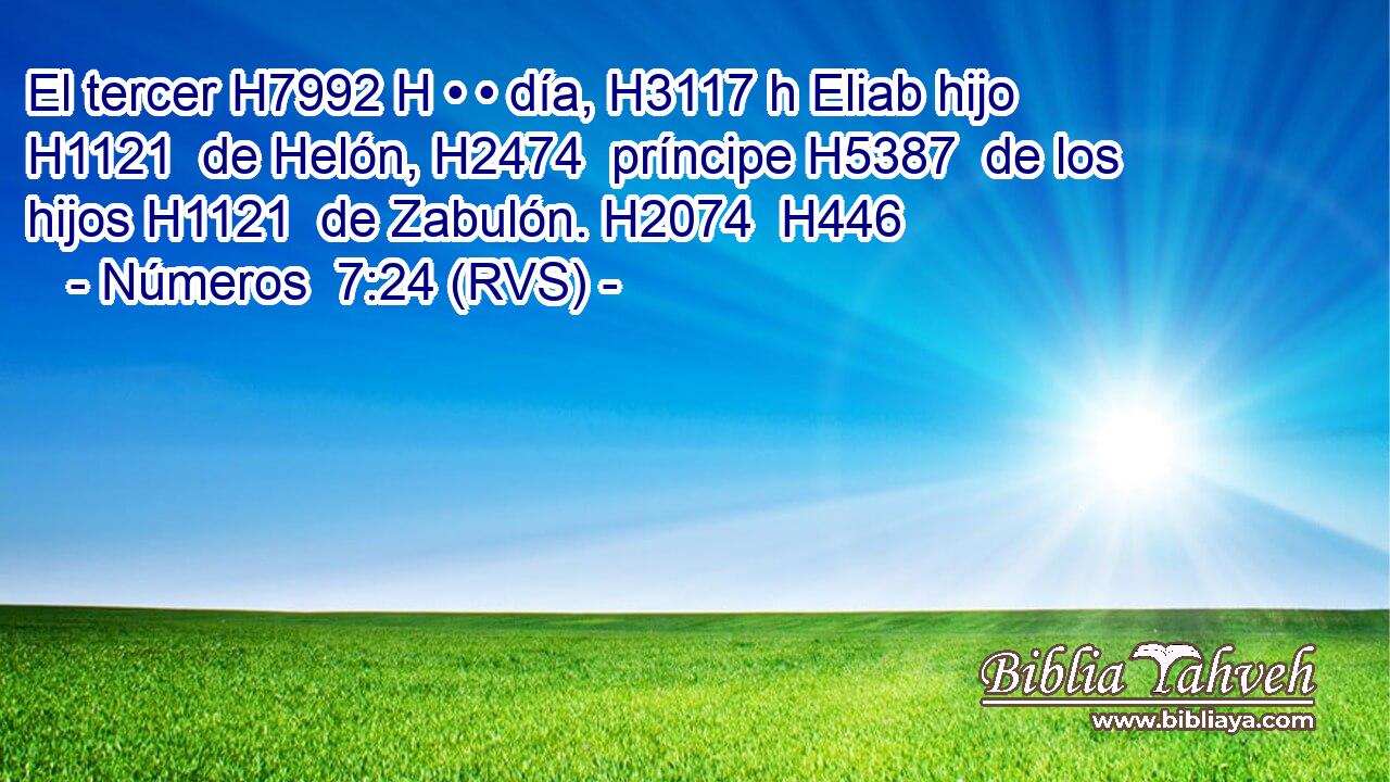 El tercer H7992 H • • día, H3117 h Eliab hijo H1121  de Helón, H2474  príncipe H5387  de los hijos H1121  de Zabulón. H2074  H446 