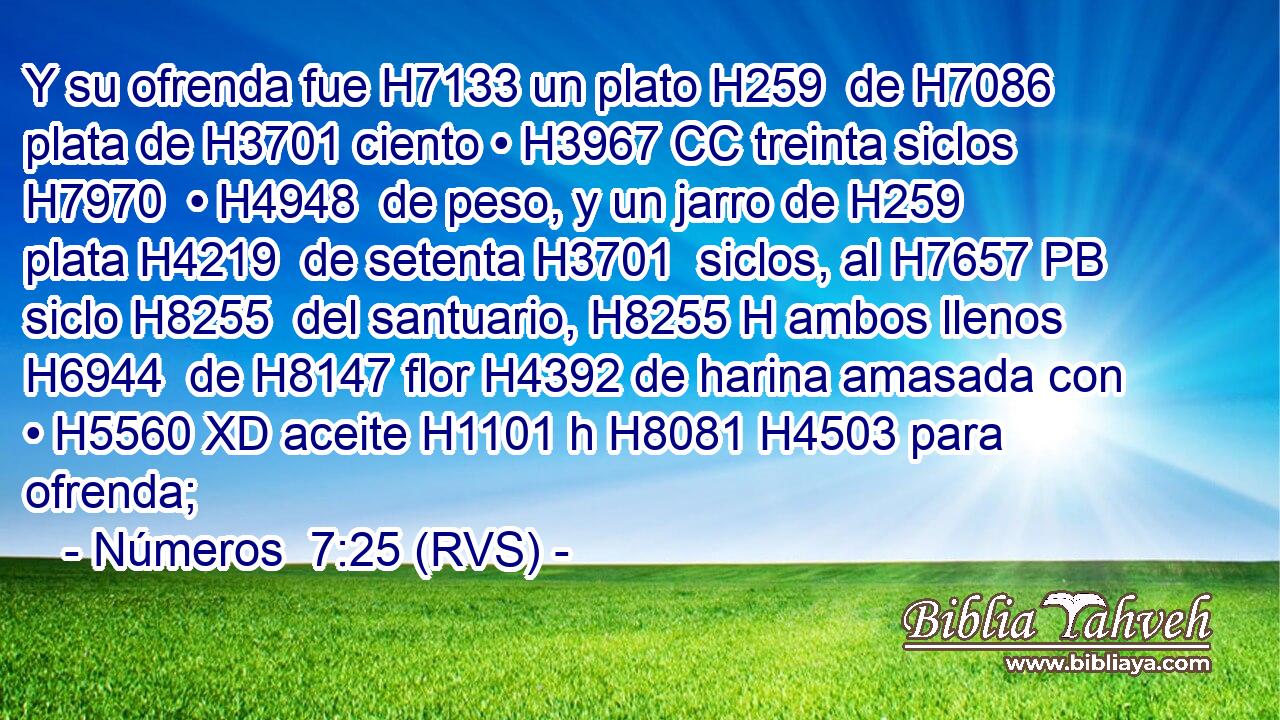 Y su ofrenda fue H7133 un plato H259  de H7086 plata de H3701 ciento • H3967 CC treinta siclos H7970  • H4948  de peso, y un jarro de H259 plata H4219  de setenta H3701  siclos, al H7657 PB siclo H8255  del santuario, H8255 H ambos llenos H6944  de H8147 flor H4392 de harina amasada con • H5560 XD aceite H1101 h H8081 H4503 para ofrenda; 