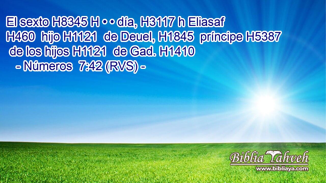 El sexto H8345 H • • día, H3117 h Eliasaf H460  hijo H1121  de Deuel, H1845  príncipe H5387  de los hijos H1121  de Gad. H1410  