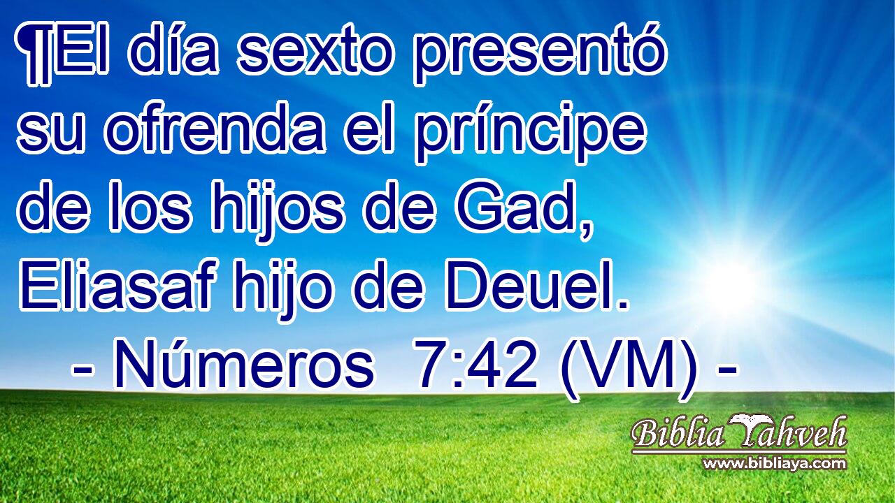  ¶El día sexto presentó su ofrenda el príncipe de los hijos de Gad, Eliasaf hijo de Deuel. 