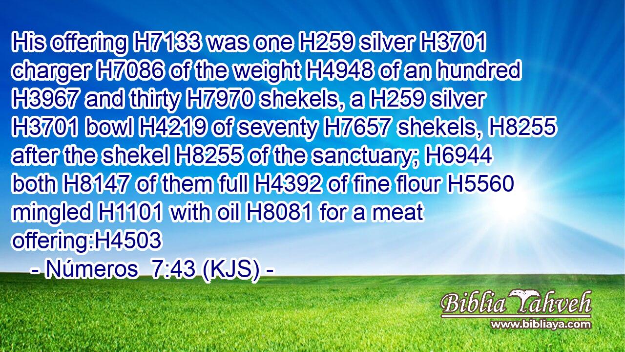 His offering H7133 was one H259 silver H3701 charger H7086 of the weight H4948 of an hundred H3967 and thirty H7970 shekels, a H259 silver H3701 bowl H4219 of seventy H7657 shekels, H8255 after the shekel H8255 of the sanctuary; H6944 both H8147 of them full H4392 of fine flour H5560 mingled H1101 with oil H8081 for a meat offering:H4503