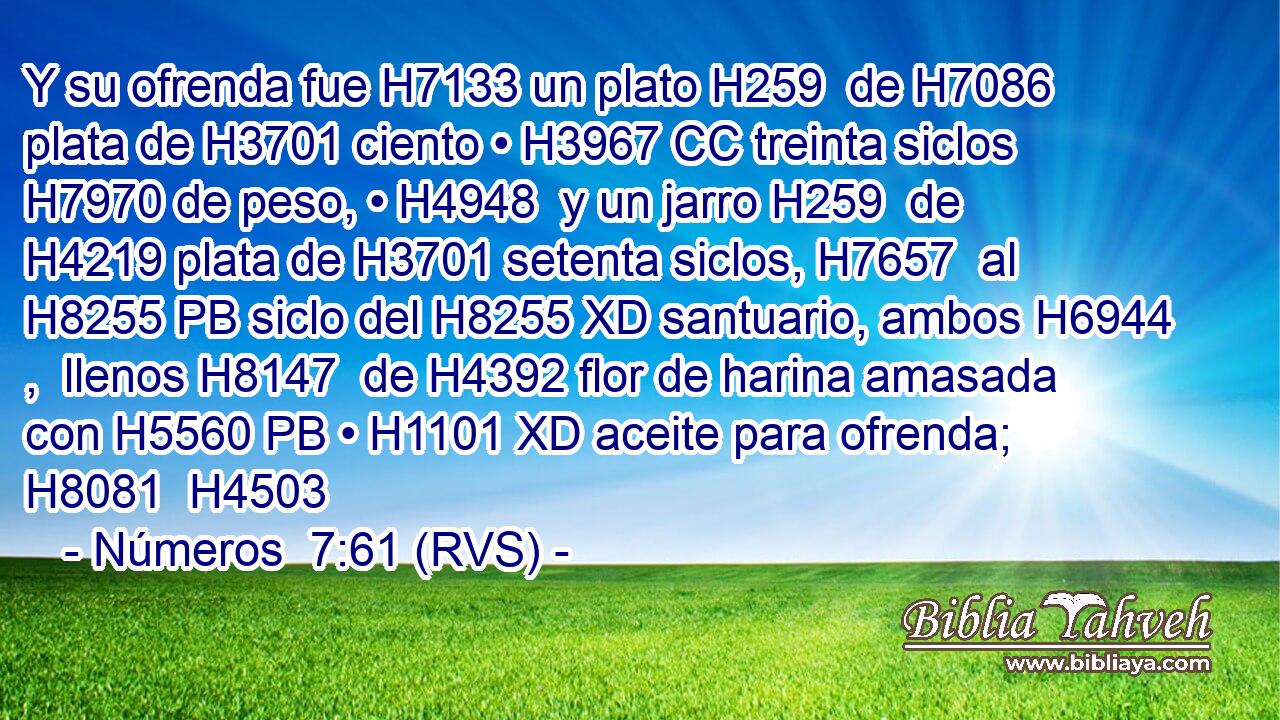 Y su ofrenda fue H7133 un plato H259  de H7086 plata de H3701 ciento • H3967 CC treinta siclos H7970 de peso, • H4948  y un jarro H259  de H4219 plata de H3701 setenta siclos, H7657  al H8255 PB siclo del H8255 XD santuario, ambos H6944 ,  llenos H8147  de H4392 flor de harina amasada con H5560 PB • H1101 XD aceite para ofrenda; H8081  H4503 