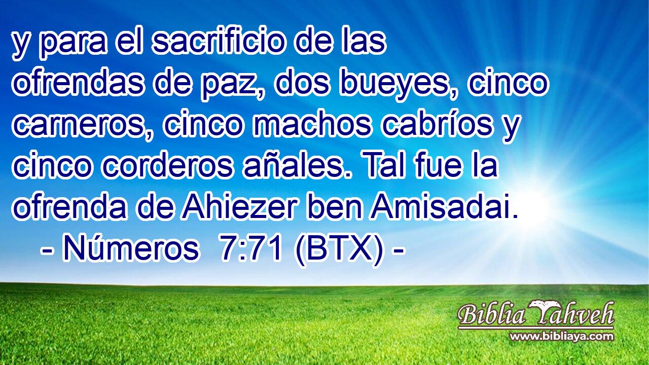 y para el sacrificio de las ofrendas de paz, dos bueyes, cinco carneros, cinco machos cabríos y cinco corderos añales. Tal fue la ofrenda de Ahiezer ben Amisadai.