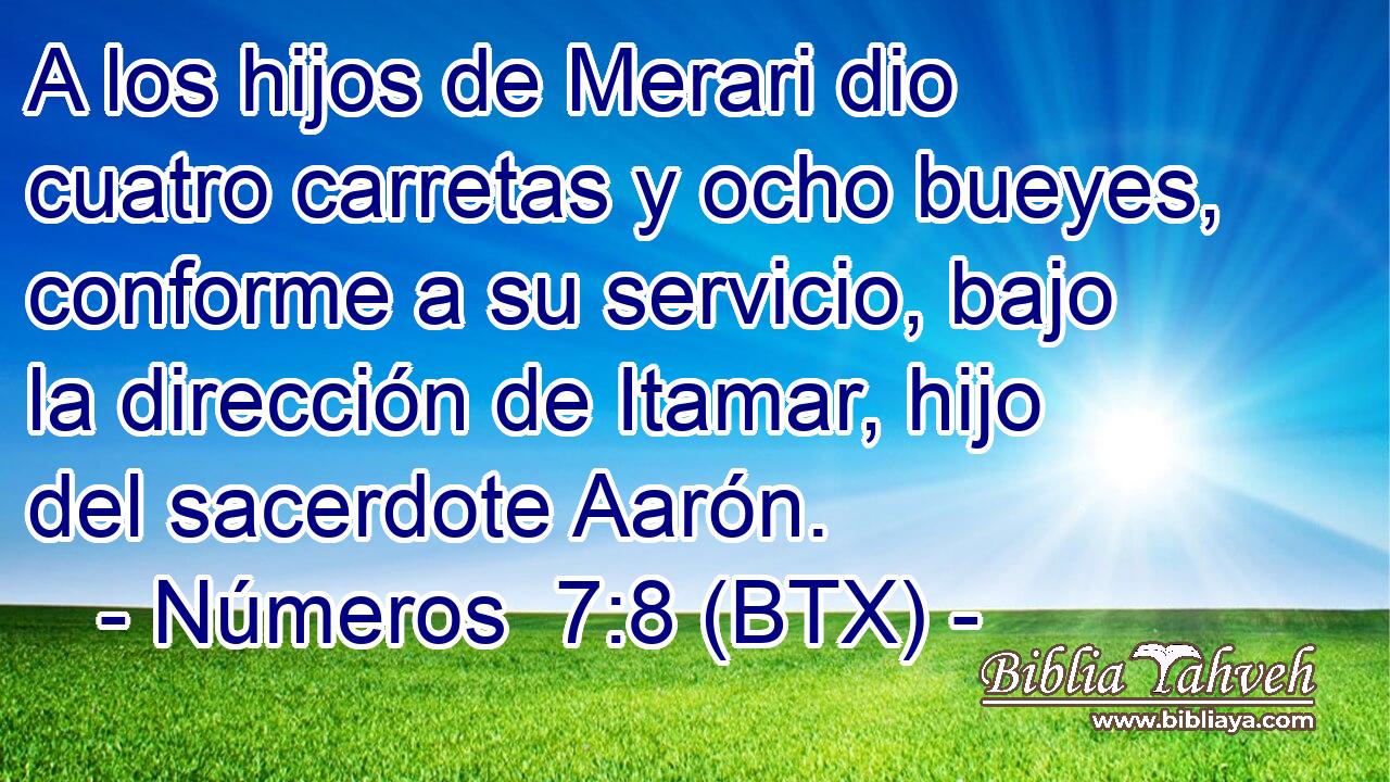A los hijos de Merari dio cuatro carretas y ocho bueyes, conforme a su servicio, bajo la dirección de Itamar, hijo del sacerdote Aarón.