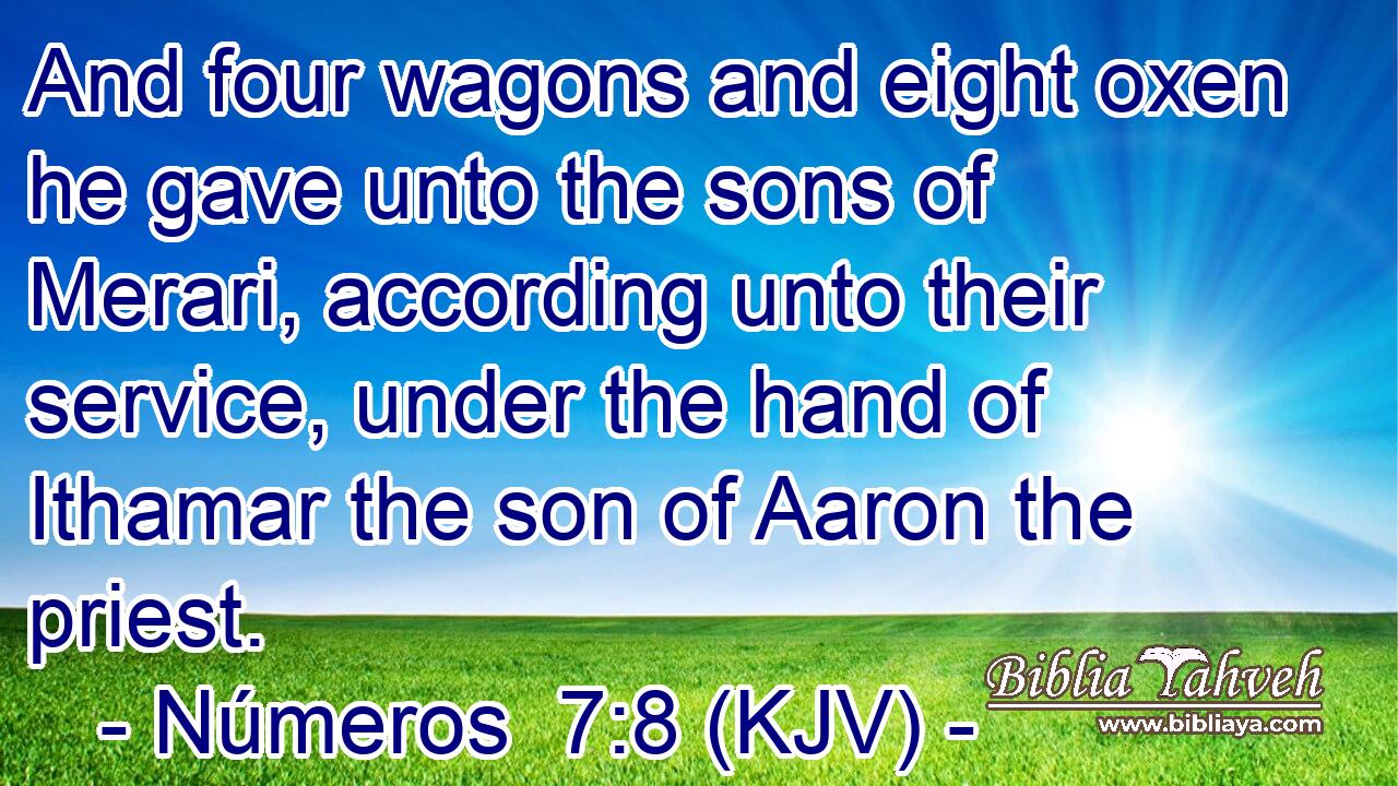 And four wagons and eight oxen he gave unto the sons of Merari, according unto their service, under the hand of Ithamar the son of Aaron the priest.