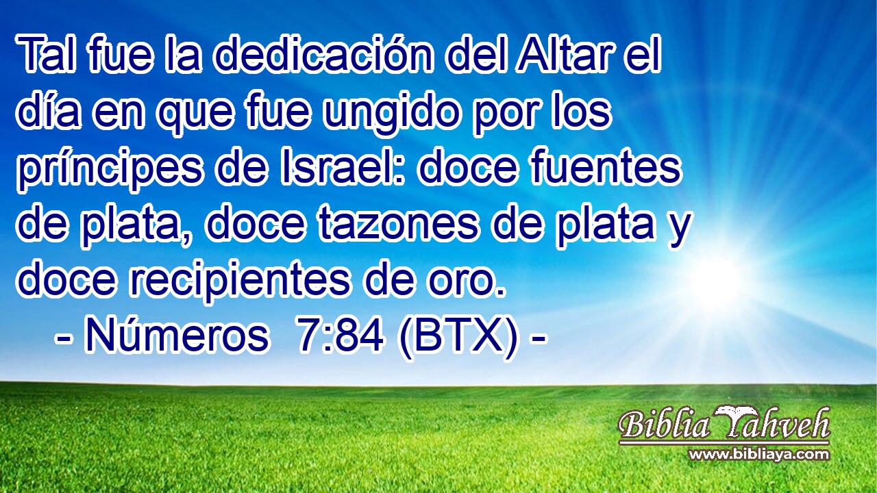 Tal fue la dedicación del Altar el día en que fue ungido por los príncipes de Israel: doce fuentes de plata, doce tazones de plata y doce recipientes de oro.