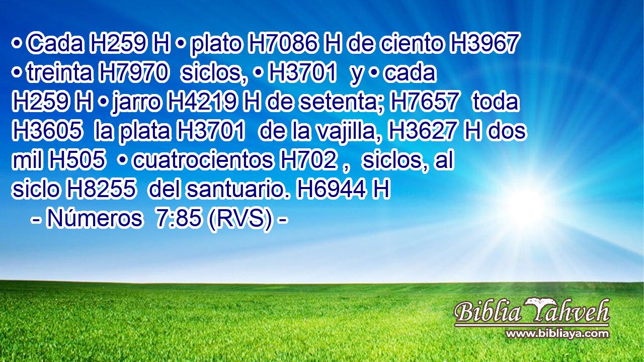 • Cada H259 H • plato H7086 H de ciento H3967  • treinta H7970  siclos, • H3701  y • cada H259 H • jarro H4219 H de setenta; H7657  toda H3605  la plata H3701  de la vajilla, H3627 H dos mil H505  • cuatrocientos H702 ,  siclos, al siclo H8255  del santuario. H6944 H 
