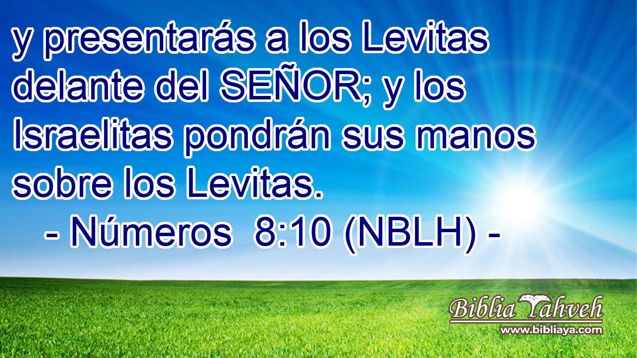  y presentarás a los Levitas delante del SEÑOR; y los Israelitas pondrán sus manos sobre los Levitas. 