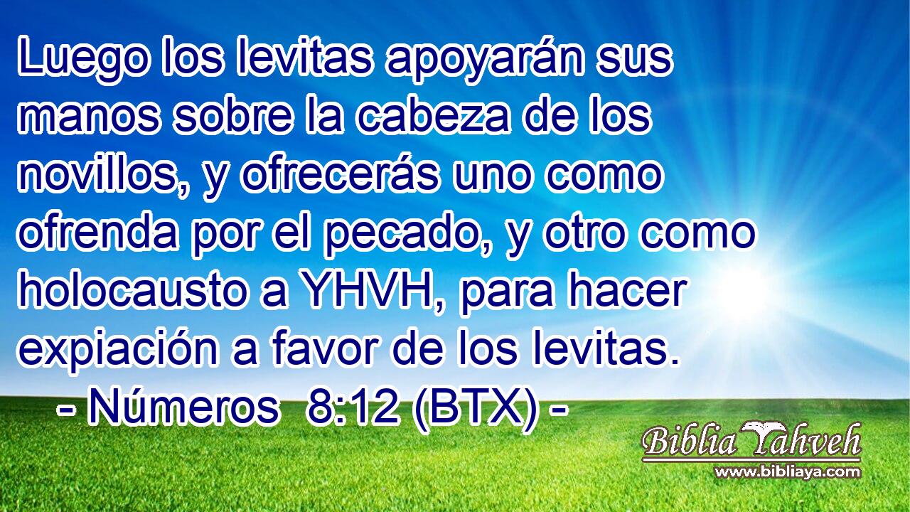 Luego los levitas apoyarán sus manos sobre la cabeza de los novillos, y ofrecerás uno como ofrenda por el pecado, y otro como holocausto a YHVH, para hacer expiación a favor de los levitas.