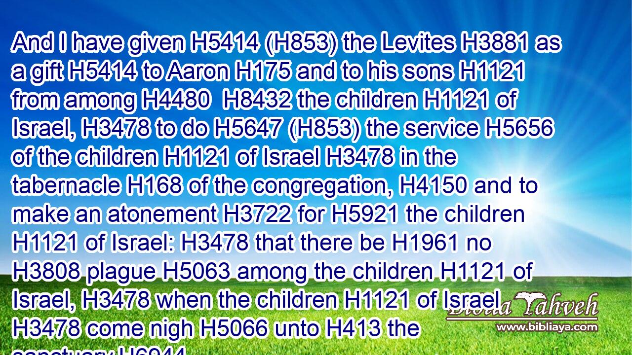 And I have given H5414 (H853) the Levites H3881 as a gift H5414 to Aaron H175 and to his sons H1121 from among H4480  H8432 the children H1121 of Israel, H3478 to do H5647 (H853) the service H5656 of the children H1121 of Israel H3478 in the tabernacle H168 of the congregation, H4150 and to make an atonement H3722 for H5921 the children H1121 of Israel: H3478 that there be H1961 no H3808 plague H5063 among the children H1121 of Israel, H3478 when the children H1121 of Israel H3478 come nigh H5066 unto H413 the sanctuary.H6944