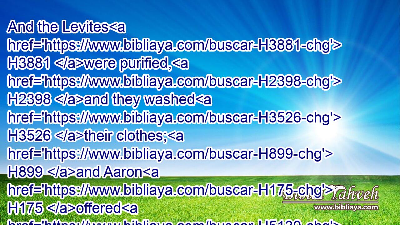 And the Levites H3881 were purified, H2398 and they washed H3526 their clothes; H899 and Aaron H175 offered H5130 them as an offering H8573 before H6440 the LORD; H3068 and Aaron H175 made an atonement H3722 for H5921 them to cleanse H2891 them.