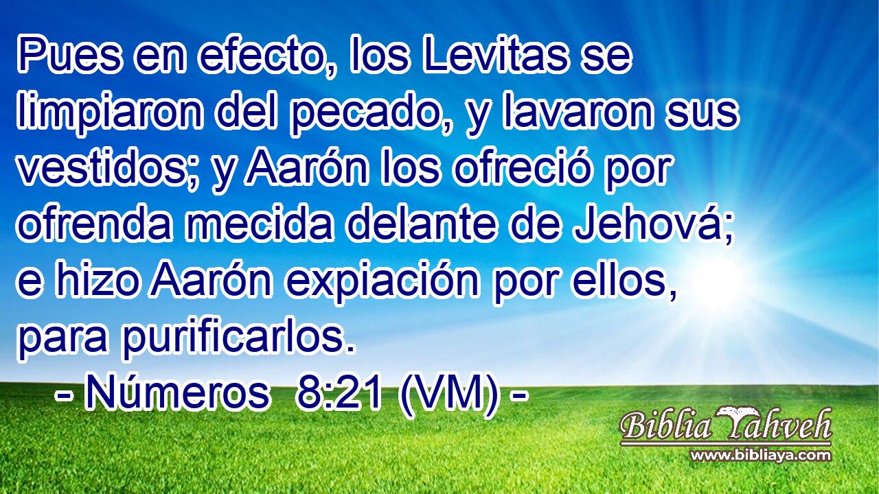  Pues en efecto, los Levitas se limpiaron del pecado, y lavaron sus vestidos; y Aarón los ofreció por ofrenda mecida delante de Jehová; e hizo Aarón expiación por ellos, para purificarlos. 
