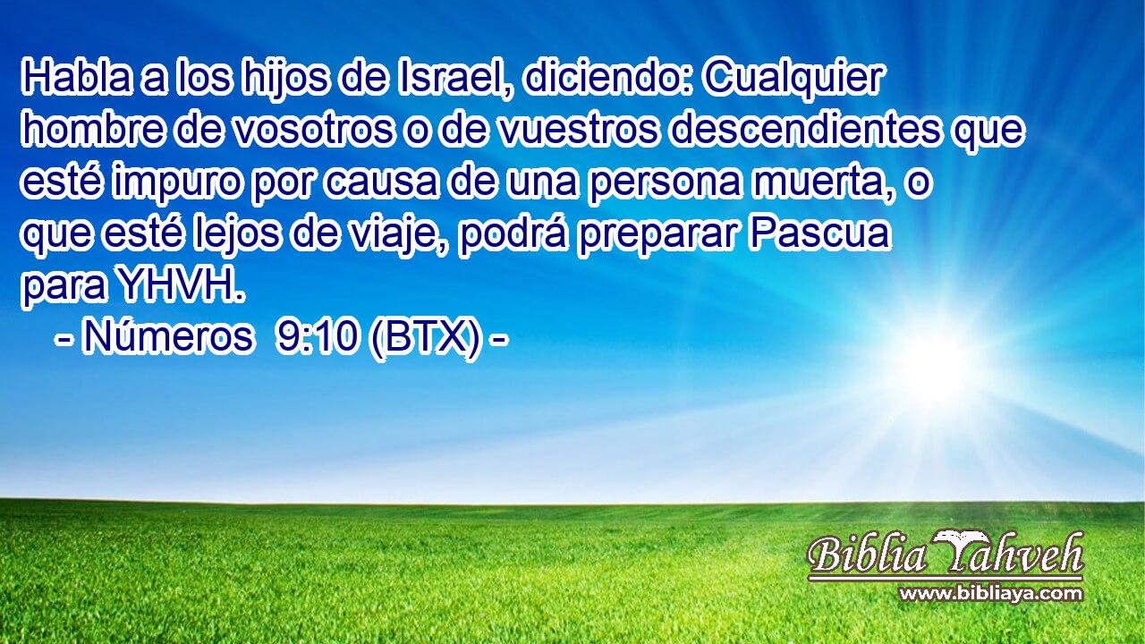 Habla a los hijos de Israel, diciendo: Cualquier hombre de vosotros o de vuestros descendientes que esté impuro por causa de una persona muerta, o que esté lejos de viaje, podrá preparar Pascua para YHVH.