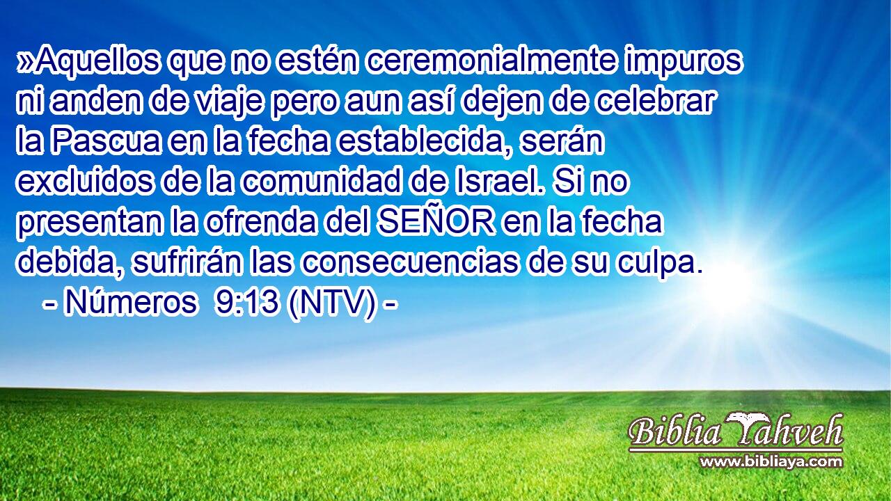 »Aquellos que no estén ceremonialmente impuros ni anden de viaje pero aun así dejen de celebrar la Pascua en la fecha establecida, serán excluidos de la comunidad de Israel. Si no presentan la ofrenda del SEÑOR en la fecha debida, sufrirán las consecuencias de su culpa.