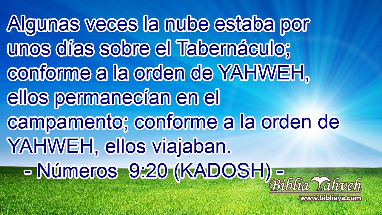  Algunas veces la nube estaba por unos días sobre el Tabernáculo; conforme a la orden de YAHWEH, ellos permanecían en el campamento; conforme a la orden de YAHWEH, ellos viajaban. 