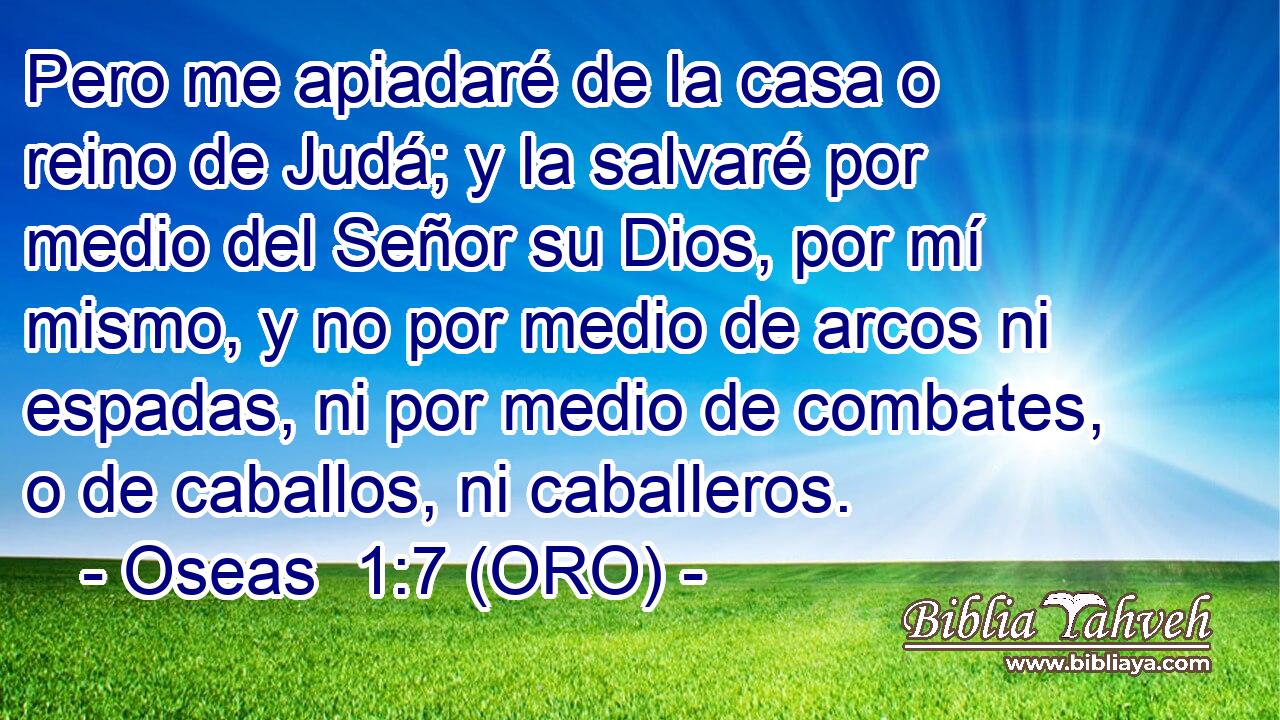  Pero me apiadaré de la casa o reino de Judá; y la salvaré por medio del Señor su Dios, por mí mismo, y no por medio de arcos ni espadas, ni por medio de combates, o de caballos, ni caballeros. 
