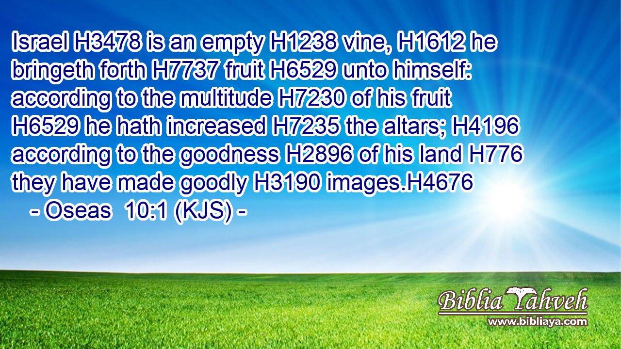 Israel H3478 is an empty H1238 vine, H1612 he bringeth forth H7737 fruit H6529 unto himself: according to the multitude H7230 of his fruit H6529 he hath increased H7235 the altars; H4196 according to the goodness H2896 of his land H776 they have made goodly H3190 images.H4676