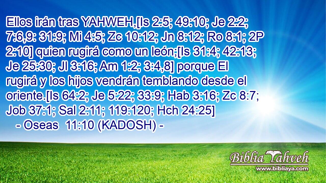  Ellos irán tras YAHWEH,[Is 2:5; 49:10; Je 2:2; 7:6,9: 31:9; Mi 4:5; Zc 10:12; Jn 8:12; Ro 8:1; 2P 2:10] quien rugirá como un león;[Is 31:4; 42:13; Je 25:30; Jl 3:16; Am 1:2; 3:4,8] porque El rugirá y los hijos vendrán temblando desde el oriente.[Is 64:2; Je 5:22; 33:9; Hab 3:16; Zc 8:7; Job 37:1; Sal 2:11; 119:120; Hch 24:25] 