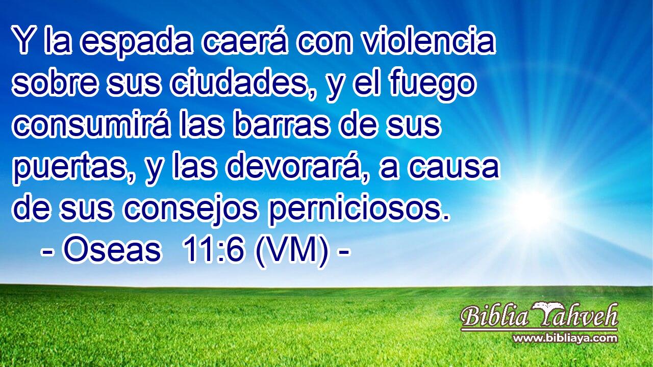  Y la espada caerá con violencia sobre sus ciudades, y el fuego consumirá las barras de sus puertas, y las devorará, a causa de sus consejos perniciosos. 