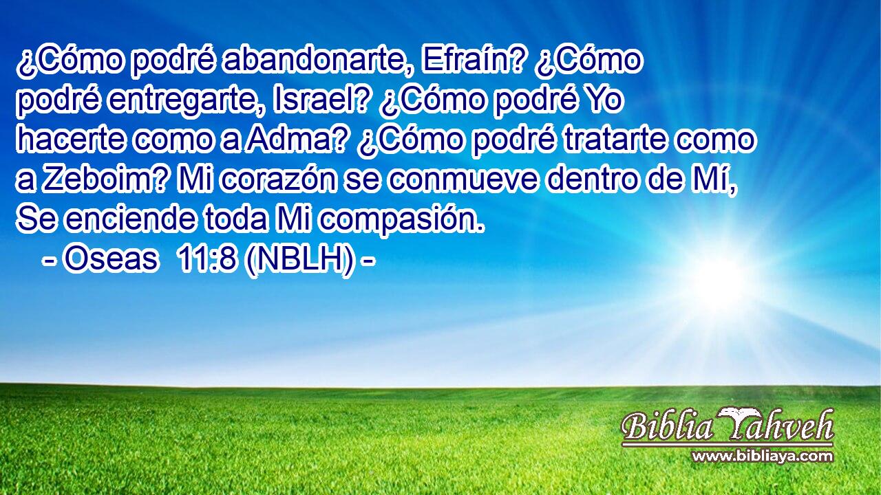  ¿Cómo podré abandonarte, Efraín? ¿Cómo podré entregarte, Israel? ¿Cómo podré Yo hacerte como a Adma? ¿Cómo podré tratarte como a Zeboim? Mi corazón se conmueve dentro de Mí, Se enciende toda Mi compasión. 