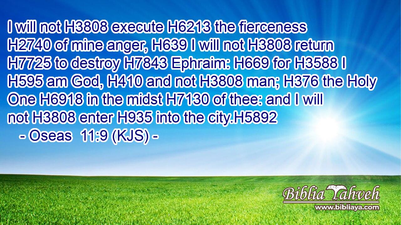 I will not H3808 execute H6213 the fierceness H2740 of mine anger, H639 I will not H3808 return H7725 to destroy H7843 Ephraim: H669 for H3588 I H595 am God, H410 and not H3808 man; H376 the Holy One H6918 in the midst H7130 of thee: and I will not H3808 enter H935 into the city.H5892