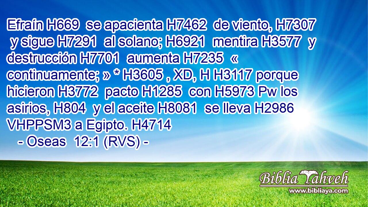 Efraín H669  se apacienta H7462  de viento, H7307  y sigue H7291  al solano; H6921  mentira H3577  y destrucción H7701  aumenta H7235  « continuamente; » * H3605 , XD, H H3117 porque hicieron H3772  pacto H1285  con H5973 Pw los asirios, H804  y el aceite H8081  se lleva H2986 VHPPSM3 a Egipto. H4714  