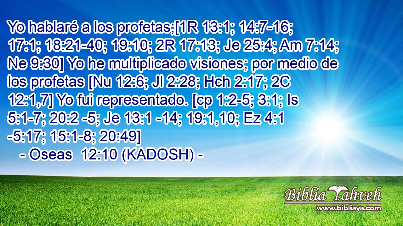  Yo hablaré a los profetas;[1R 13:1; 14:7-16; 17:1; 18:21-40; 19:10; 2R 17:13; Je 25:4; Am 7:14; Ne 9:30] Yo he multiplicado visiones; por medio de los profetas [Nu 12:6; Jl 2:28; Hch 2:17; 2C 12:1,7] Yo fui representado. [cp 1:2-5; 3:1; Is 5:1-7; 20:2 -5; Je 13:1 -14; 19:1,10; Ez 4:1 -5:17; 15:1-8; 20:49] 