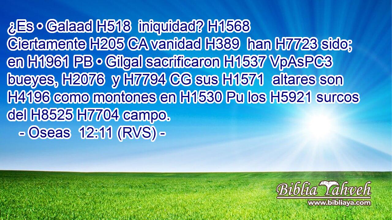 ¿Es • Galaad H518  iniquidad? H1568  Ciertamente H205 CA vanidad H389  han H7723 sido; en H1961 PB • Gilgal sacrificaron H1537 VpAsPC3 bueyes, H2076  y H7794 CG sus H1571  altares son H4196 como montones en H1530 Pu los H5921 surcos del H8525 H7704 campo. 