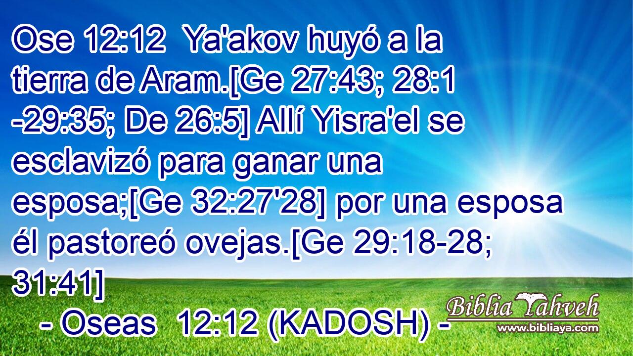  Ya'akov huyó a la tierra de Aram.[Ge 27:43; 28:1 -29:35; De 26:5] Allí Yisra'el se esclavizó para ganar una esposa;[Ge 32:27'28] por una esposa él pastoreó ovejas.[Ge 29:18-28; 31:41] 