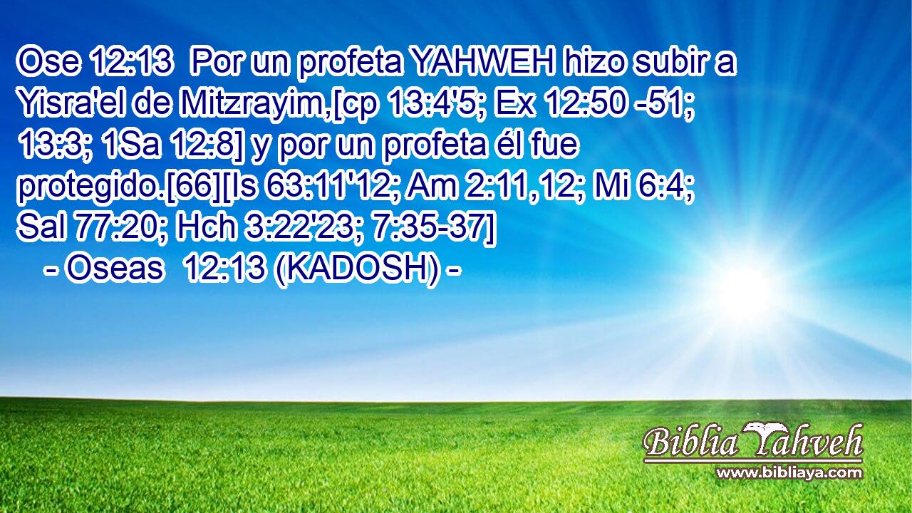  Por un profeta YAHWEH hizo subir a Yisra'el de Mitzrayim,[cp 13:4'5; Ex 12:50 -51; 13:3; 1Sa 12:8] y por un profeta él fue protegido.[66][Is 63:11'12; Am 2:11,12; Mi 6:4; Sal 77:20; Hch 3:22'23; 7:35-37] 
